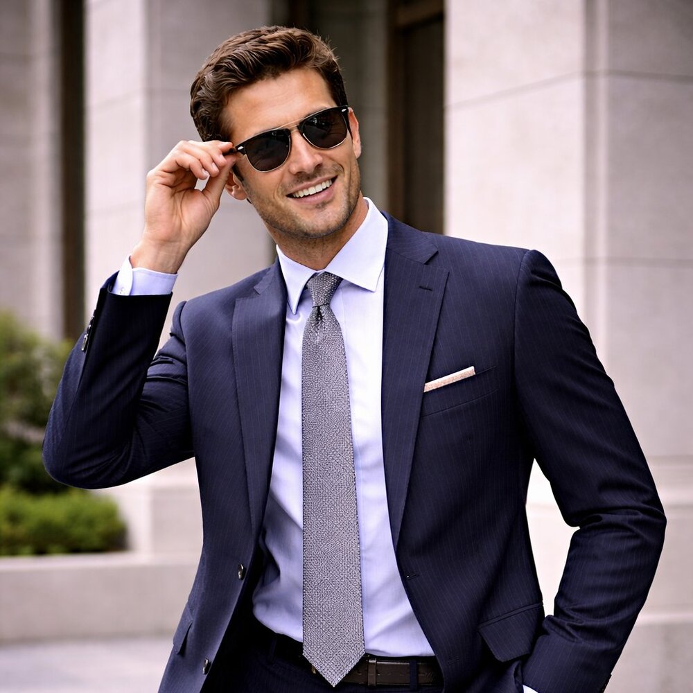 Murano Collezione Navy Pinstripe Wool Suit – Size 42R